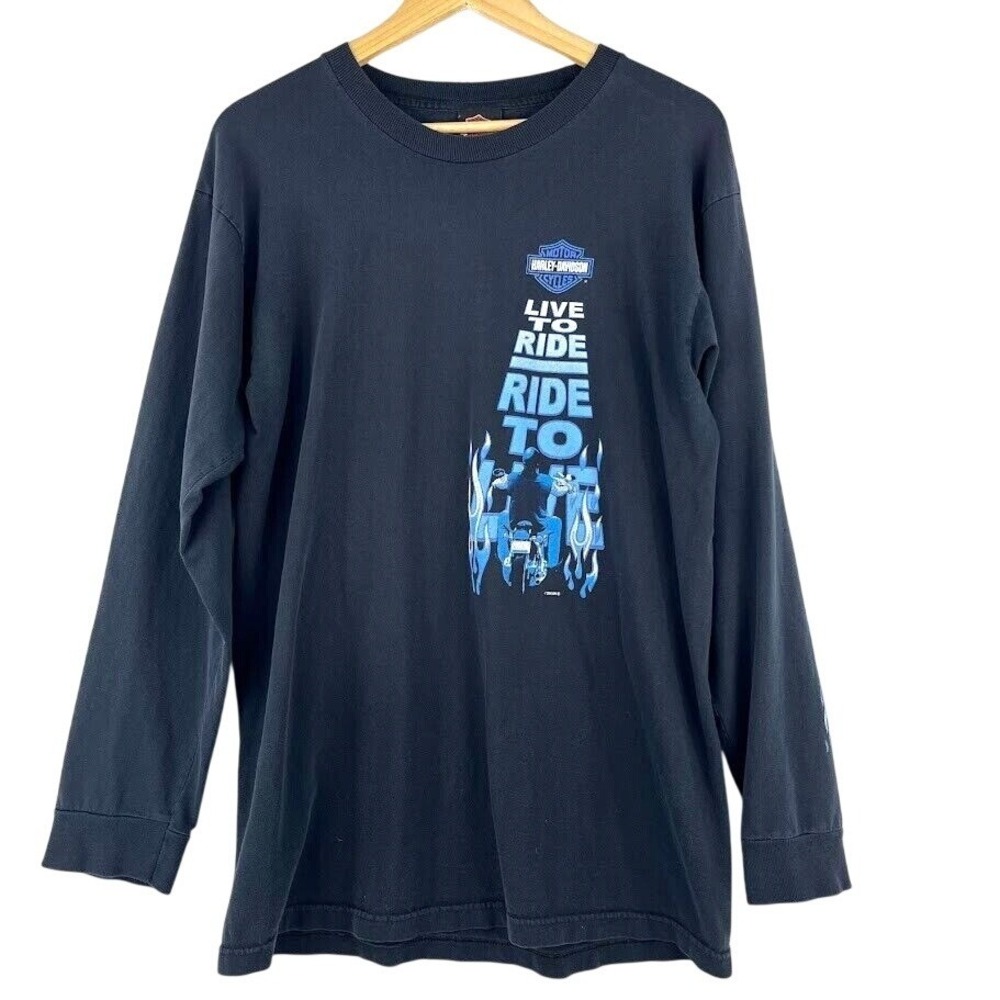Harley Davidson Y2K 2005 Long Sleeve T-Shirt Men's Large Blue Live To Ride TN